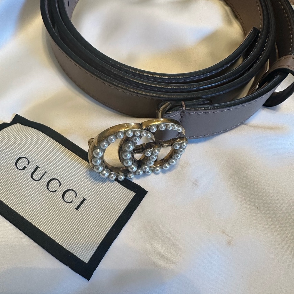 Gucci Pearl Embellished Brown Belt - Picture 3 of 7